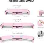 OPNICE Pink Desk Organizers and Accessories for Women, Dual Computer Monitor Stand Riser with Drawer and 2 Pen Holders, Office Desk Accessories, Workspace Desktop Organization for Office Supplies