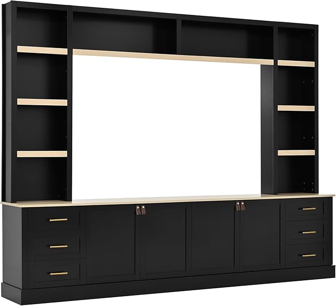 Merax 102.3 Inch Wide Farmhouse Entertainment Center, Rustic TV Stand with 6 Drawers & Adjustable Shelves, Large Media Console for TVs up to 75", Modern Bookshelves Wall Unit, Black