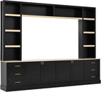 Merax 102.3 Inch Wide Farmhouse Entertainment Center, Rustic TV Stand with 6 Drawers & Adjustable Shelves, Large Media Console for TVs up to 75", Modern Bookshelves Wall Unit, Black