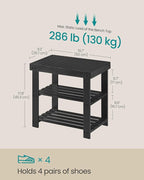 SONGMICS Shoe Rack Bench, 3-Tier Bamboo Shoe Storage Organizer, Entryway Bench, Holds Up to 286 lb, 11.3 x 19.7 x 17.8 Inches, for Entryway Bathroom Bedroom, Ink Black ULBS001B01