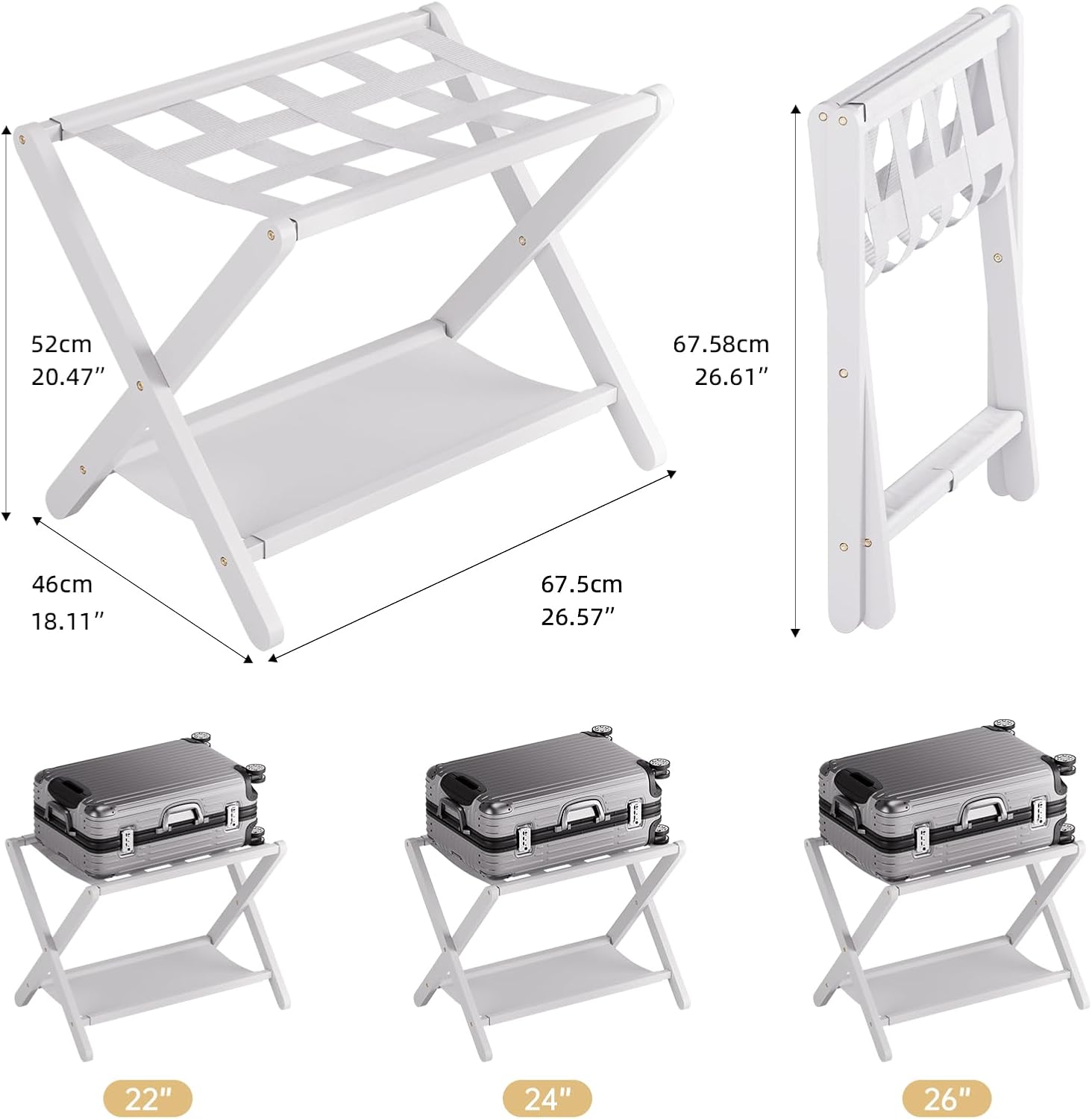 HITNET White Luggage Rack, Set of 2, Folding Suitcase Stand with Storage Shelf, Bamboo Luggage Holder with 5 Nylon Straps for Guest Room Bedroom Hotel
