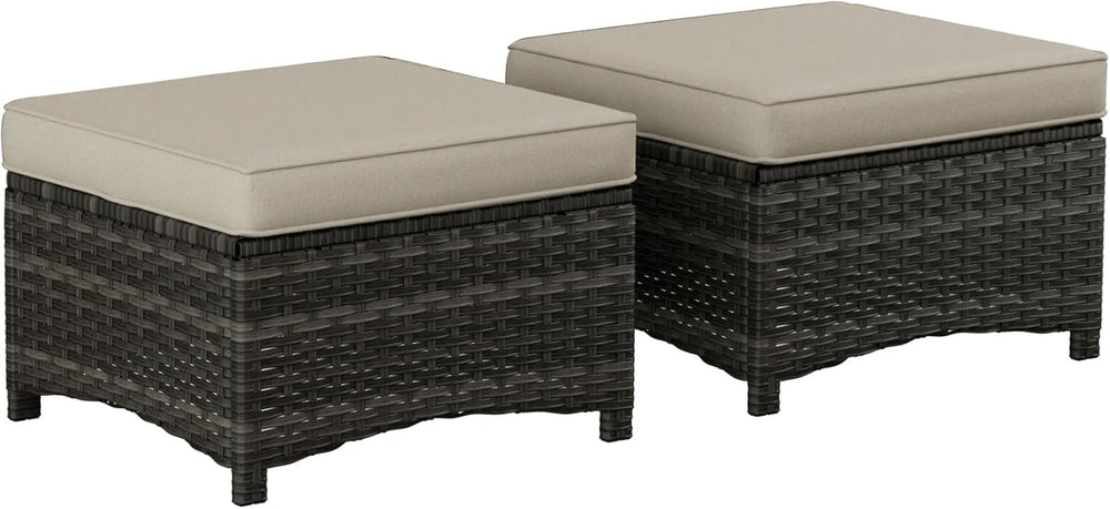 Outdoor Wicker Ottoman Set of 2, Patio Swivel Rattan Ottoman with Thick Cushi...
