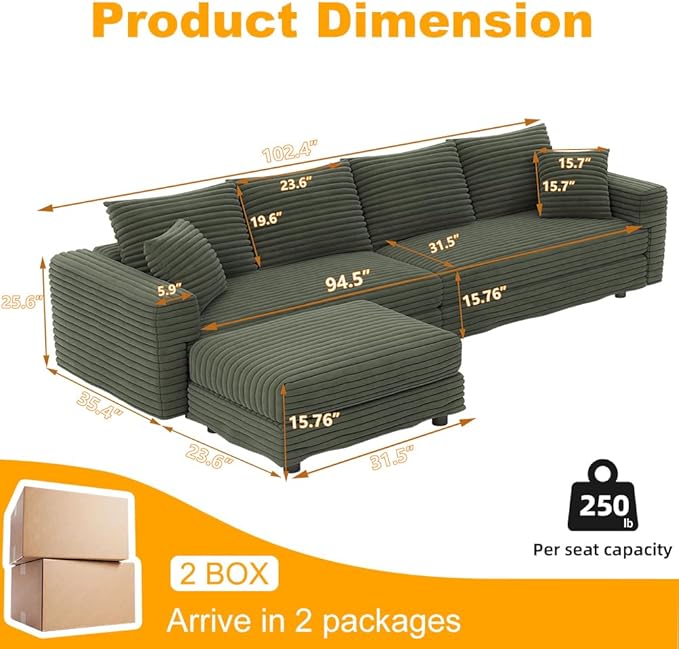 KEIKI 102.4" Sectional Couches, Modern Comfy Upholstered Sofa Cloud Couch, Deep Seat 4 Seat Sofa Set with Soft Pillows and Movable Ottoman for Living Room, Apartment, Office, Green