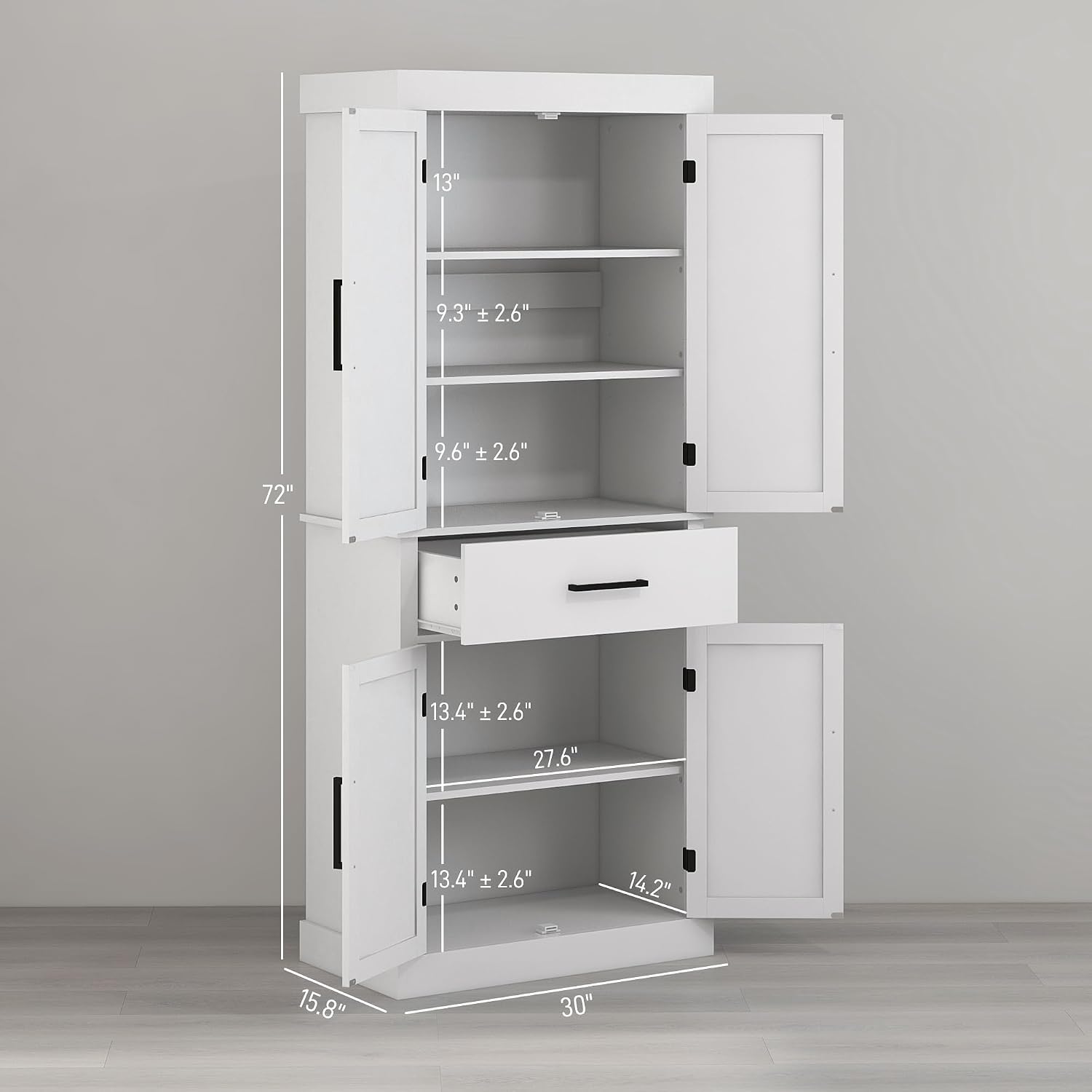 72" Tall Kitchen Pantry Storage Cabinet, Farmhouse Freestanding Sideboard Utility Cupboard Large Hutch Cabinets with 4 Barn Doors, Drawer and Adjustable Shelves, White
