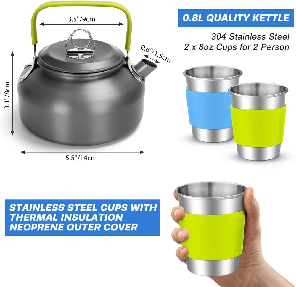 Odoland 19pcs Camping Cookware Mess Kit, Non-Stick Pot Pan Kettle Set for 2