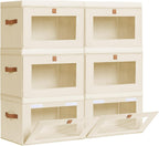 Large Closet Storage Bins - Collapsible Clothing Organizer with Handles & Window, Decorative Bin with Lids, Linen Closet Organizers for Living Room, Dorm, 6 Pack, Beige