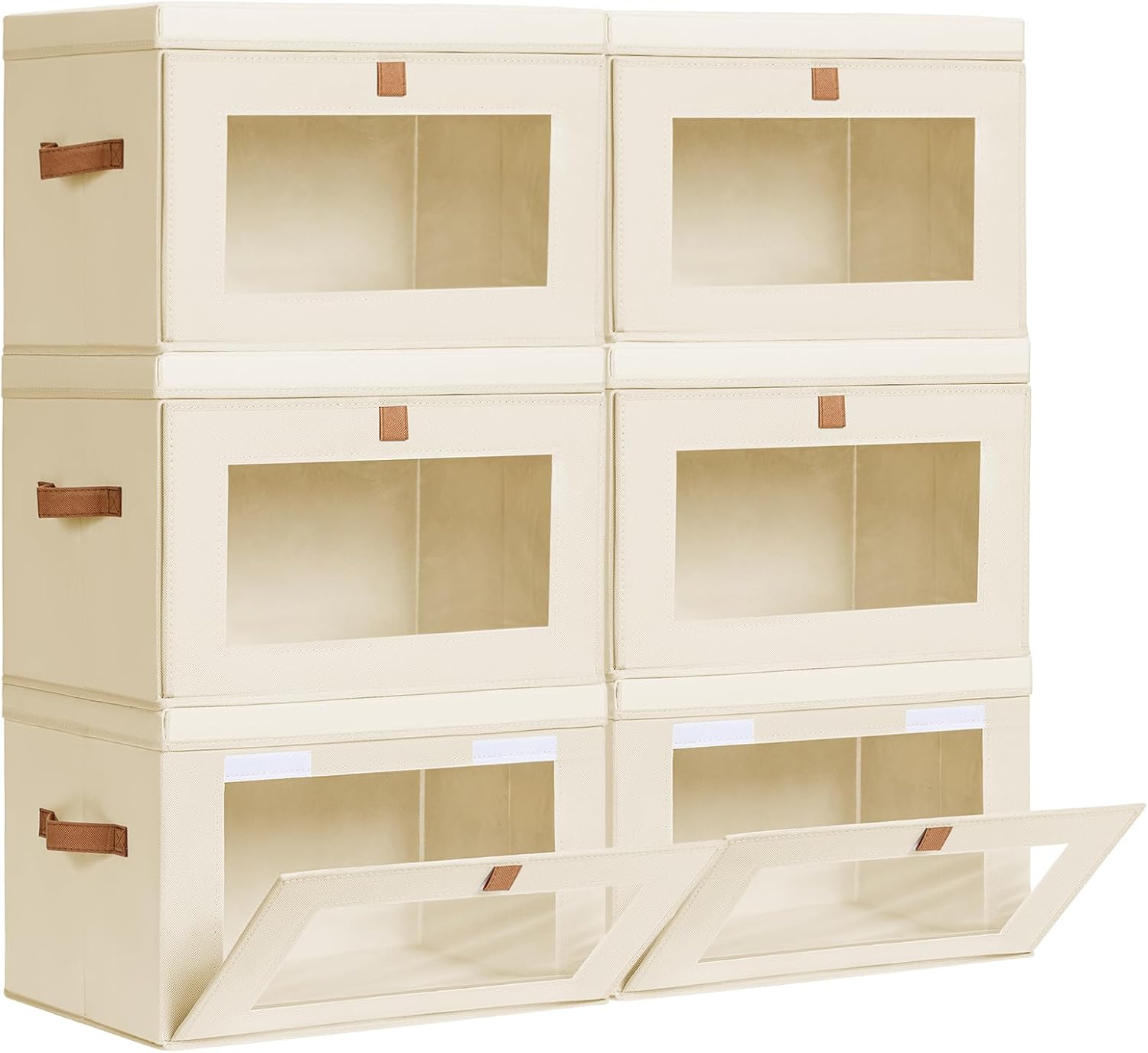 Large Closet Storage Bins - Collapsible Clothing Organizer with Handles & Window, Decorative Bin with Lids, Linen Closet Organizers for Living Room, Dorm, 6 Pack, Beige
