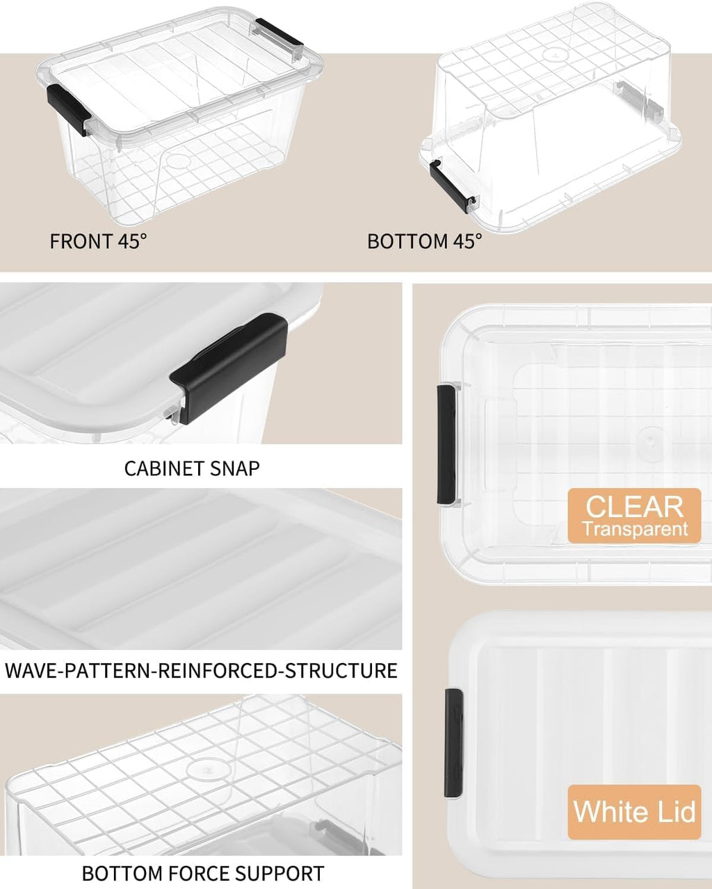 Plastic Storage Bins with Lids 6 Pack, 7 Quart Storage Containers with Black Buckle Latch, Stackable Storage Containers for Home Pantry Office Classroom Organization, White