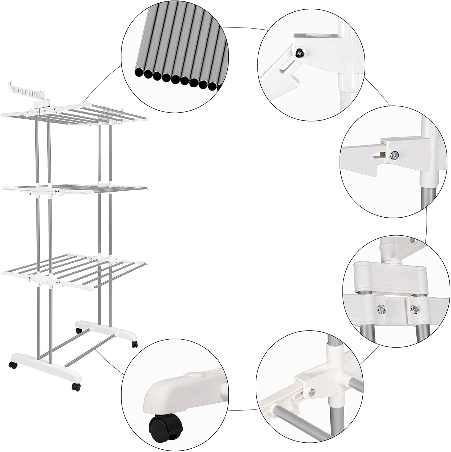 Bigzzia 3 Tier Folding Drying Rack Clothing Clothes Horses Rack Stainless Steel Laundry Drying Rack (Grey White, 4 Tier)
