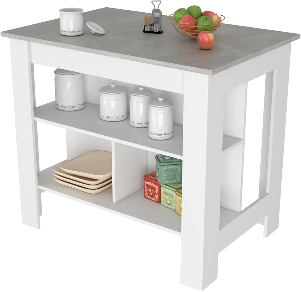 Kitchen Island Dozza with Three Shelves in White and Ibiza Marble | Three sto...