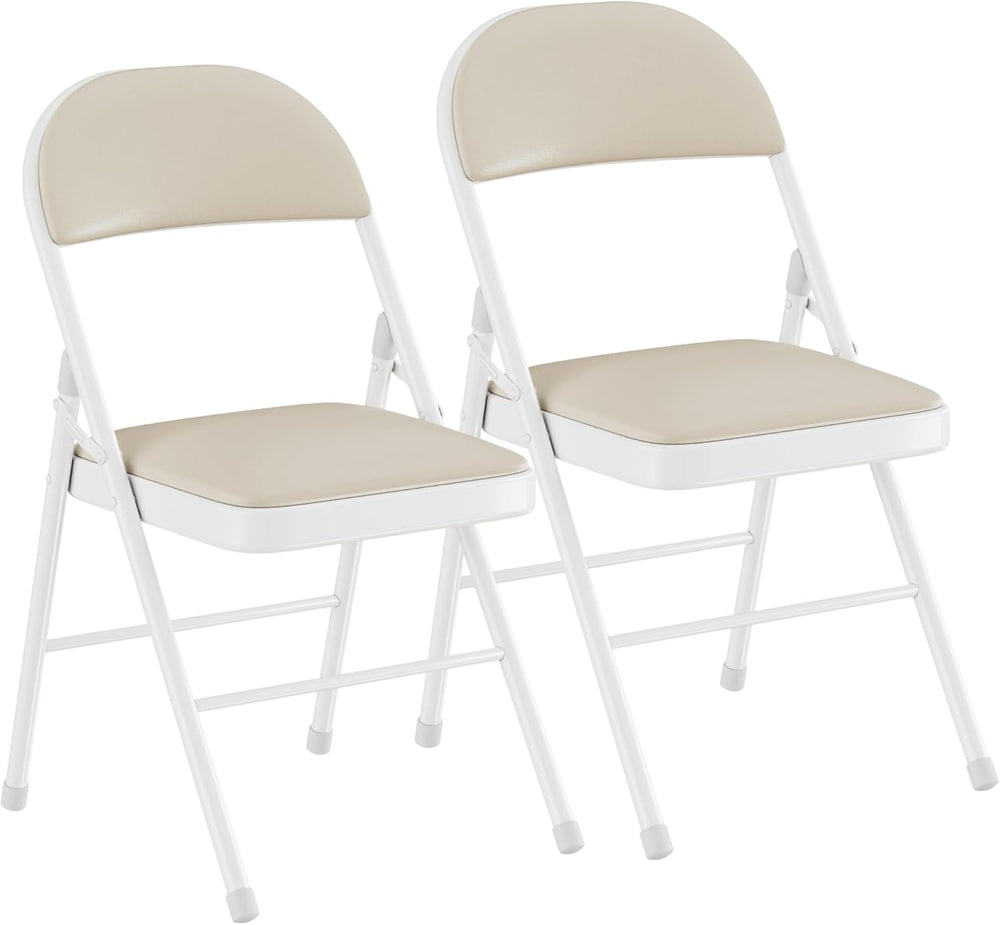 VECELO Folding Chairs Set of 2, Faux Leather Padded, Beige | Folding chairs w...