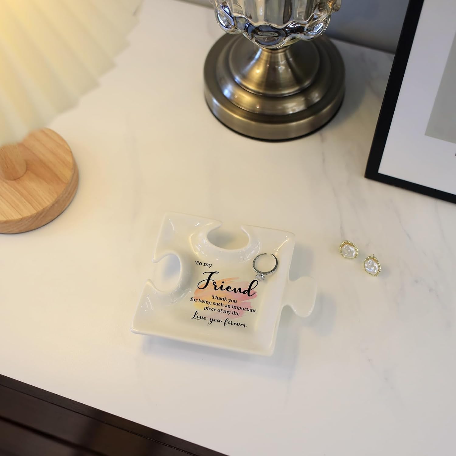 White Ceramic Puzzle Jewelry Tray - Ideal Personalized Gift for Friend on Birthday, Christmas - Thank You for Being Such an Important Piece of My Life Jewelry Organizer for Rings