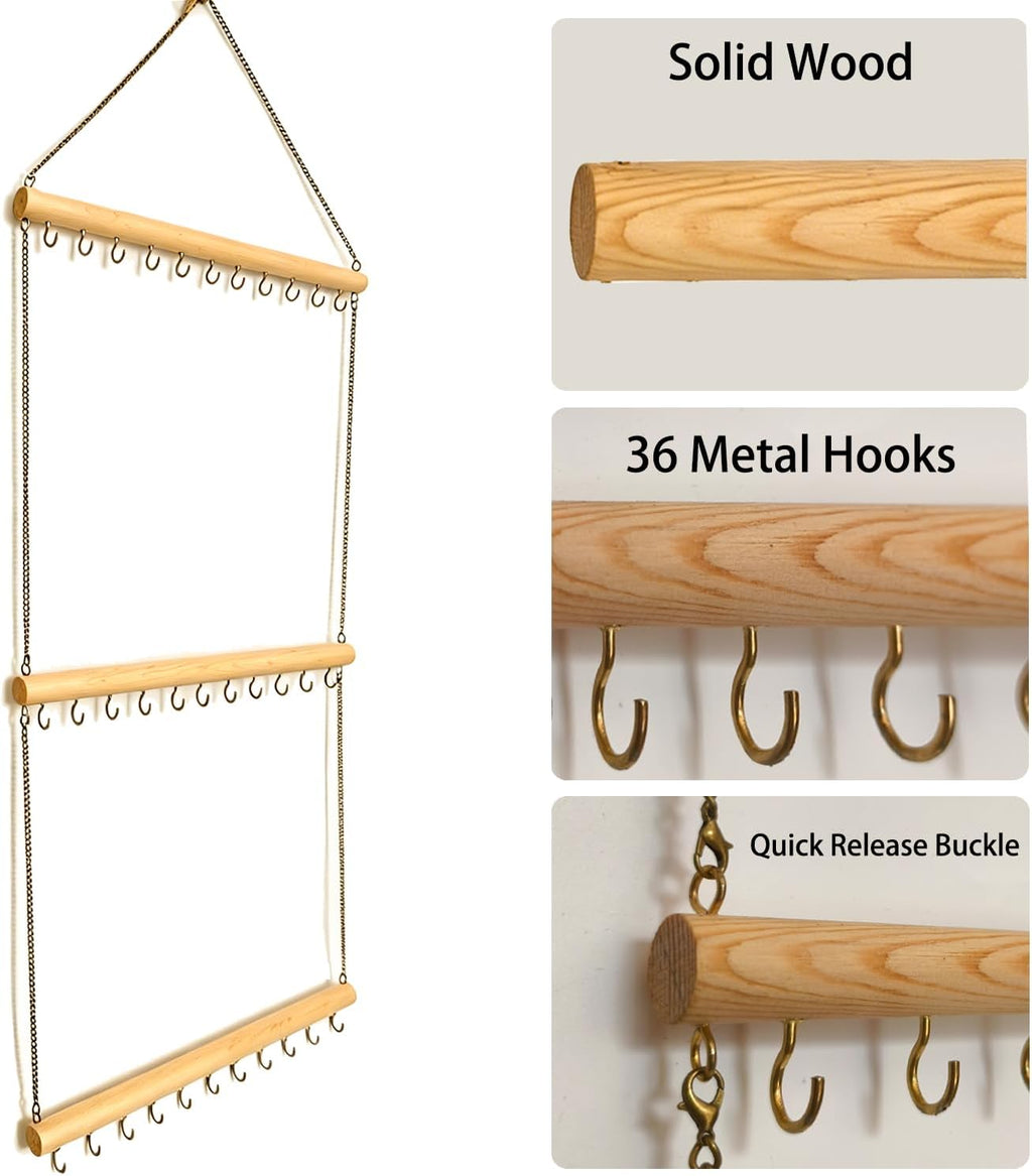 Hanging Jewelry Organizer with 36 Hooks - 15.7 Inch Hanging Wooden Display Rack for Necklaces, Bracelets, Earrings, Headbands - Space Saving Decor