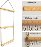 Hanging Jewelry Organizer with 36 Hooks - 15.7 Inch Hanging Wooden Display Rack for Necklaces, Bracelets, Earrings, Headbands - Space Saving Decor