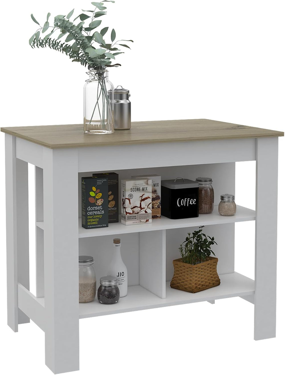 Surface Kitchen Island with Three Concealed Shelves | Tabletop with silver na...
