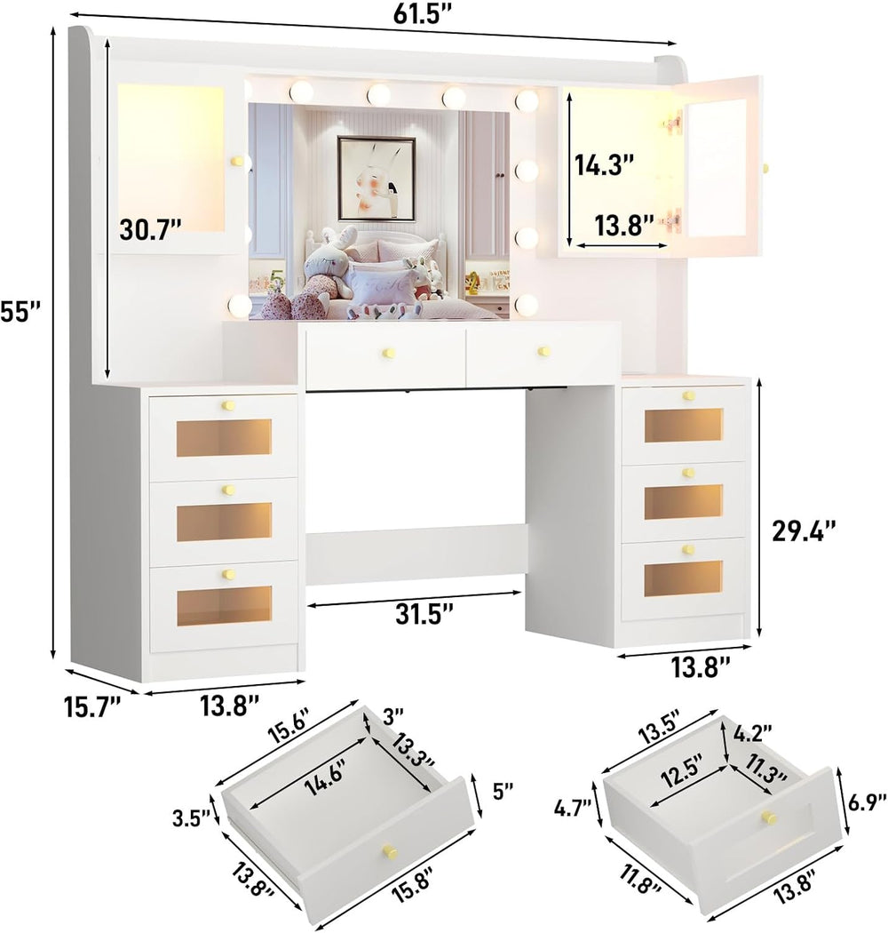 62 Inch Large Makeup Vanity Desk with Mirror and Lights 3 Color Lighting, Gla...