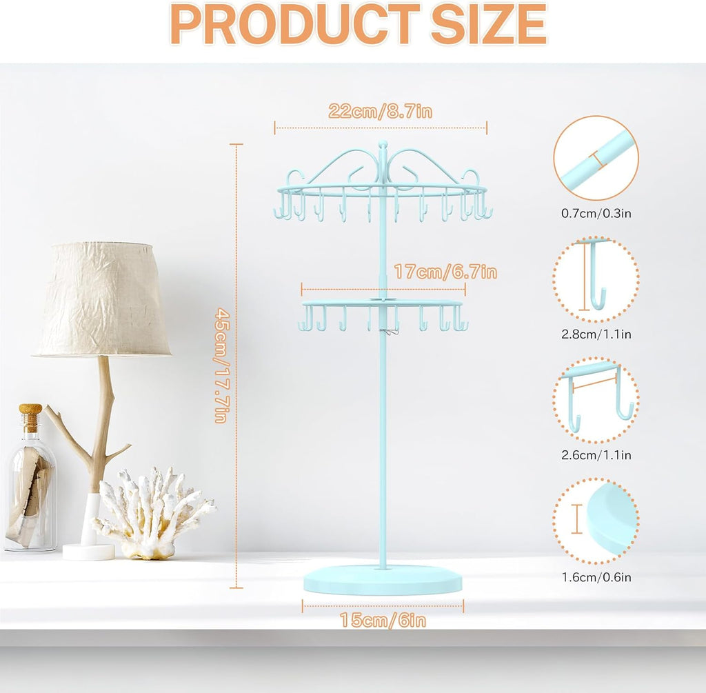 iDavosic.ly 2 Tier Rotating Necklace Holder Organizer with 42 Hooks, Adjustable Metal Bracelet Display Stand Rack, Extra Tall Keychain Spinning Tree Tower for Women, Blue
