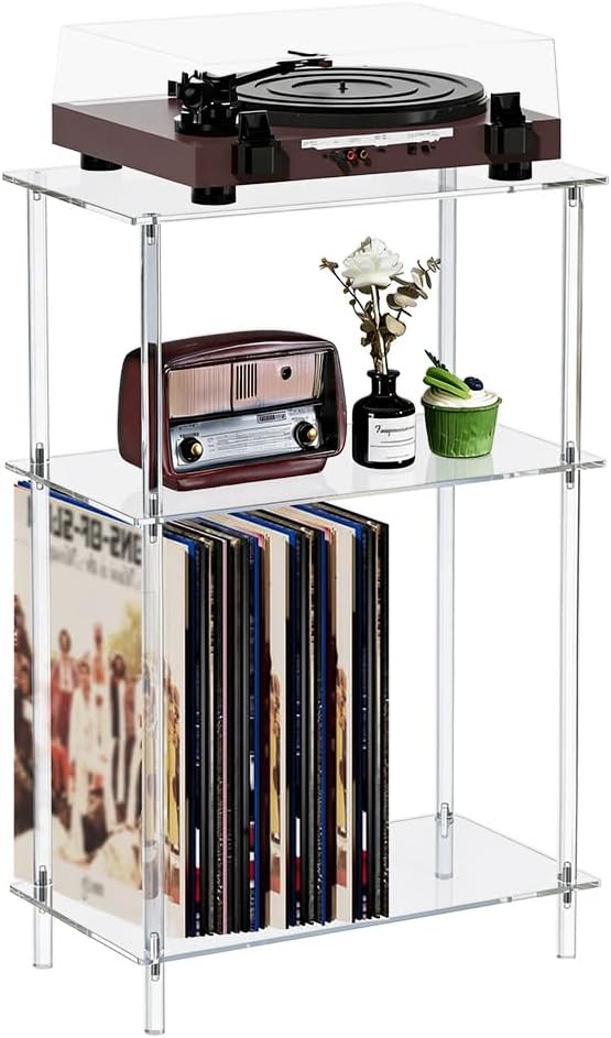DICOSMETIC Clear Acrylic Record Player Stand 3-Tier Small Side Turntable Tabl...