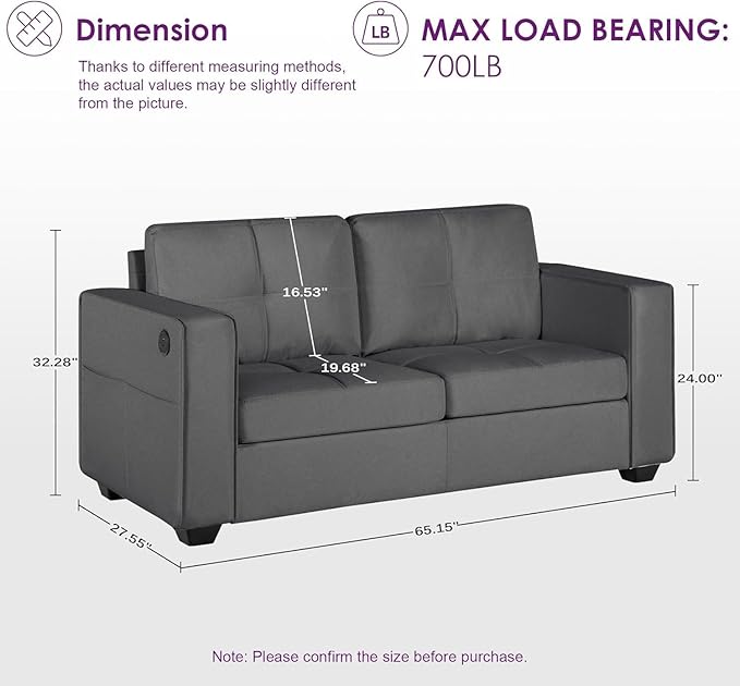 TYBOATLE 65" Small Couches for Bedroom, Mid-Century Modern Tufted Comfy Loveseat w/USB Charging Ports and Wide Arms, 2 Seater Office Small Sofa for Dorm, Apartment, Grey