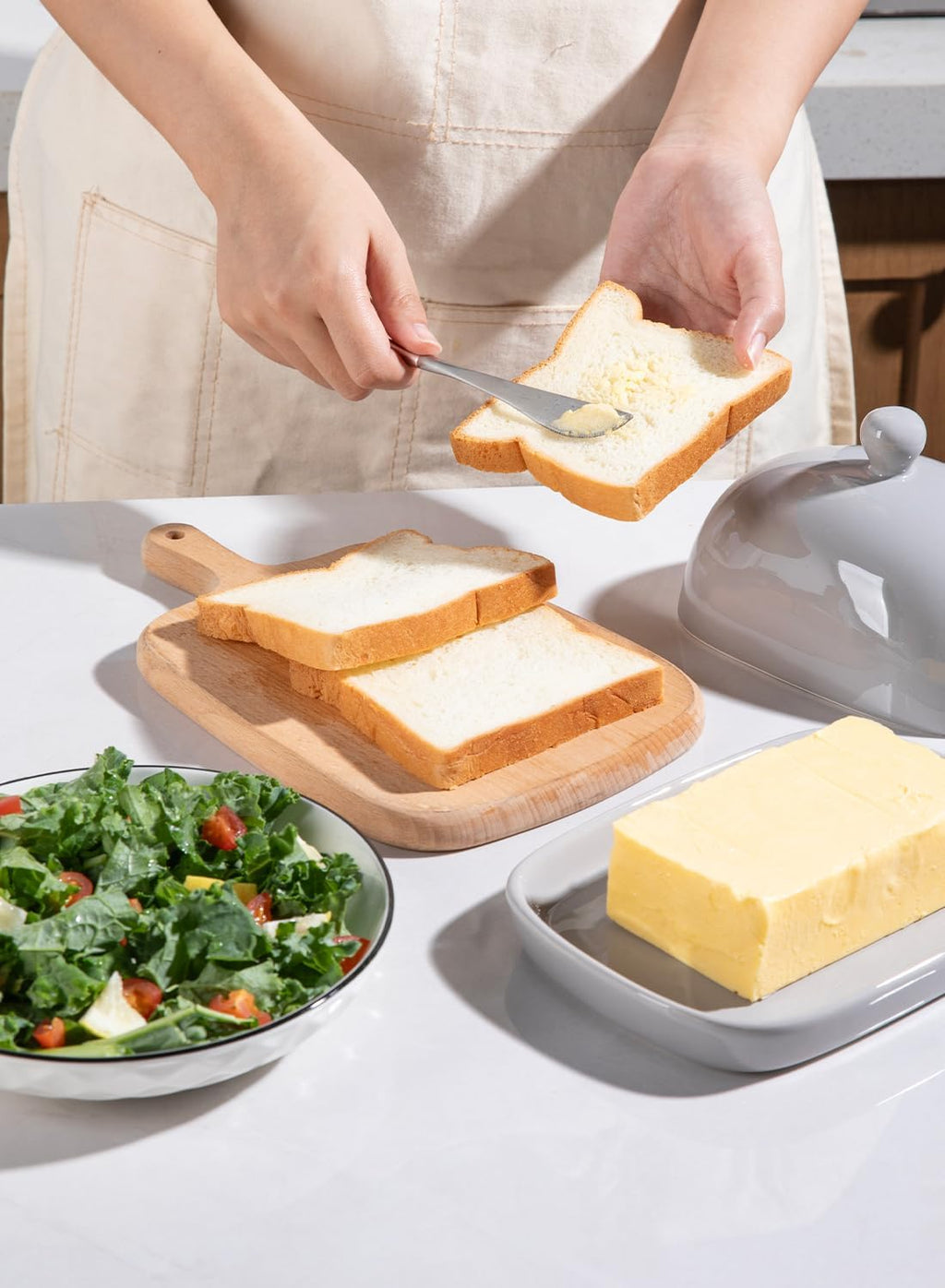 Sweejar Ceramic Butter Dish with Lid for Countertop,Porcelain Butter Keeper with Knob Handle,Butter Container for East/West Coast Butter, 7.3*4.1 inches (Gray)