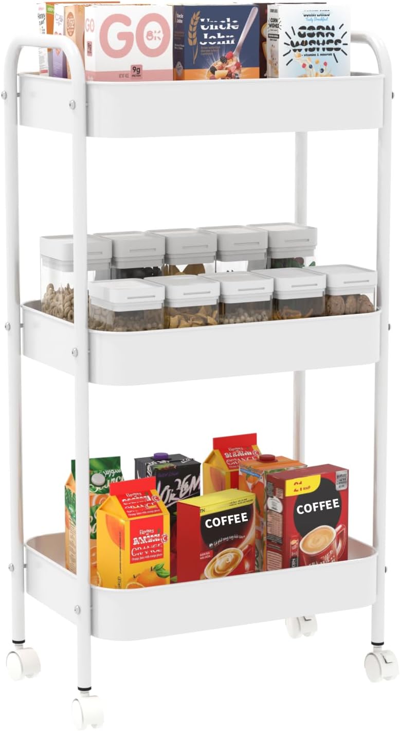 3-Tier Metal Utility Rolling Cart, Multi-Functional Storage Trolley for Office, Living Room, Kitchen, Movable Storage Organizer with Wheels, White