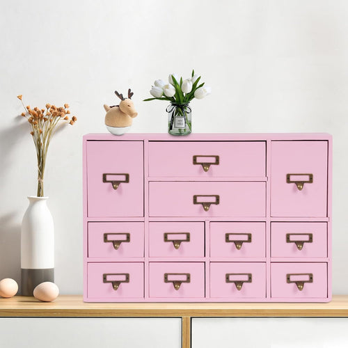 12-Drawer Wooden Storage Cabinet Organizer, Apothecary Cabinet Vintage Library Card Catalog Cabinets for Countertop Apothecary Tea Coffee Pod Storage (Pink)