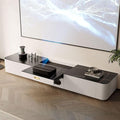 POVISON Fully-Assembled Modern Low Profile TV Stand with Ultra-Short Throw Projector Platform, Sintered Stone Entertainment Center with Storage, Wood TV Console, Media Console for Living Room