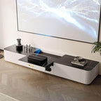 POVISON Fully-Assembled Modern Low Profile TV Stand with Ultra-Short Throw Projector Platform, Sintered Stone Entertainment Center with Storage, Wood TV Console, Media Console for Living Room