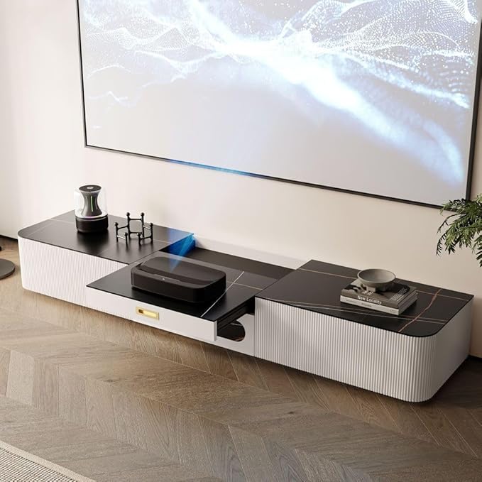 POVISON Fully-Assembled Modern Low Profile TV Stand with Ultra-Short Throw Projector Platform, Sintered Stone Entertainment Center with Storage, Wood TV Console, Media Console for Living Room