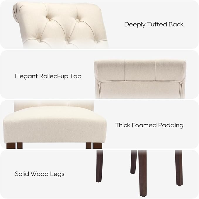 Tufted Dining Chairs Set of 4, Upholstered Parsons Dining Room Chairs, Fabric Kitchen Side Chair with Wood Legs, Beige