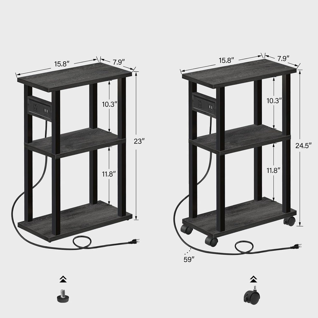 TUTOTAK Small Narrow Side Table with Charging Station, Set of 2, Skinny End Table for Small Spaces, Slim Nightstand with USB Ports and Outlet,Sofa Beside Table with Wheels, Charcoal Grey TB01BY047