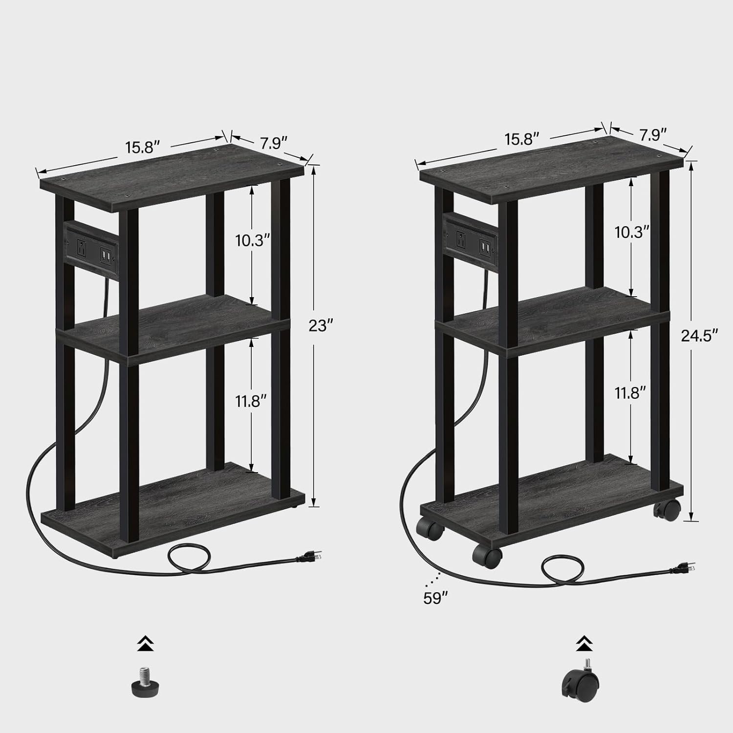 TUTOTAK Small Narrow Side Table with Charging Station, Skinny End Table for Small Spaces, Slim Nightstand with USB Ports and Outlet, Sofa Beside Table with Wheels, Charcoal Grey TB01BY046