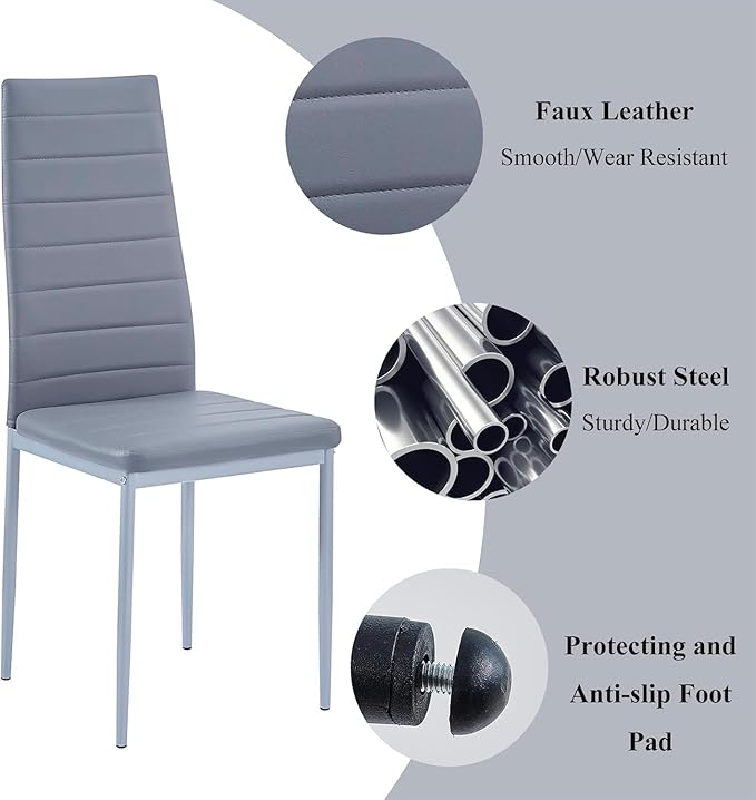 PU Dining Chairs Set of 4, Modern Kitchen & Dining Room Chairs Faux Leather Upholstered Dinner Chairs with Metal Legs for Small Space (Could Gray, Horizontal line)