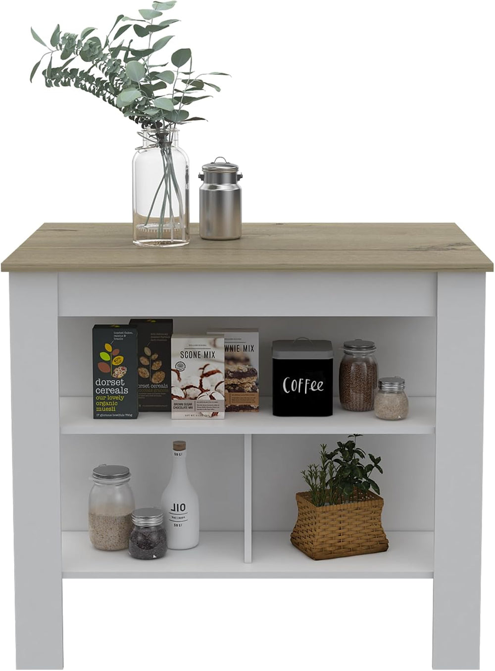 Surface Kitchen Island with Three Concealed Shelves | Tabletop with silver na...