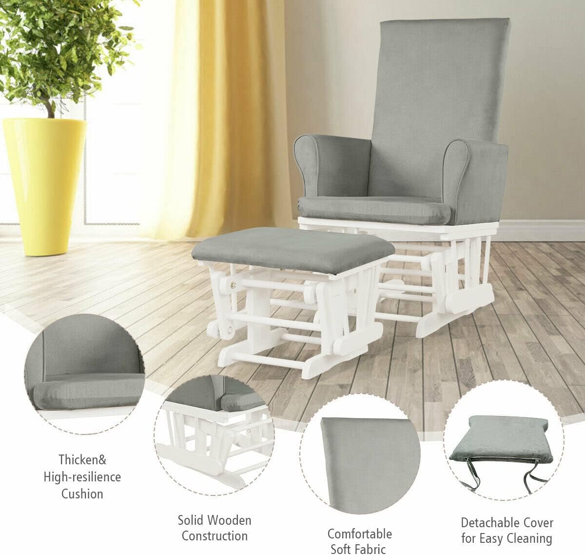 Costzon Baby Glider and Ottoman Cushion Set, Wood Baby Rocker Nursery Furniture for Napping, Nursing, Reading, Upholstered Hoop Glider & Ottoman Comfort Nursery Chair w/Padded Armrests (Gray)