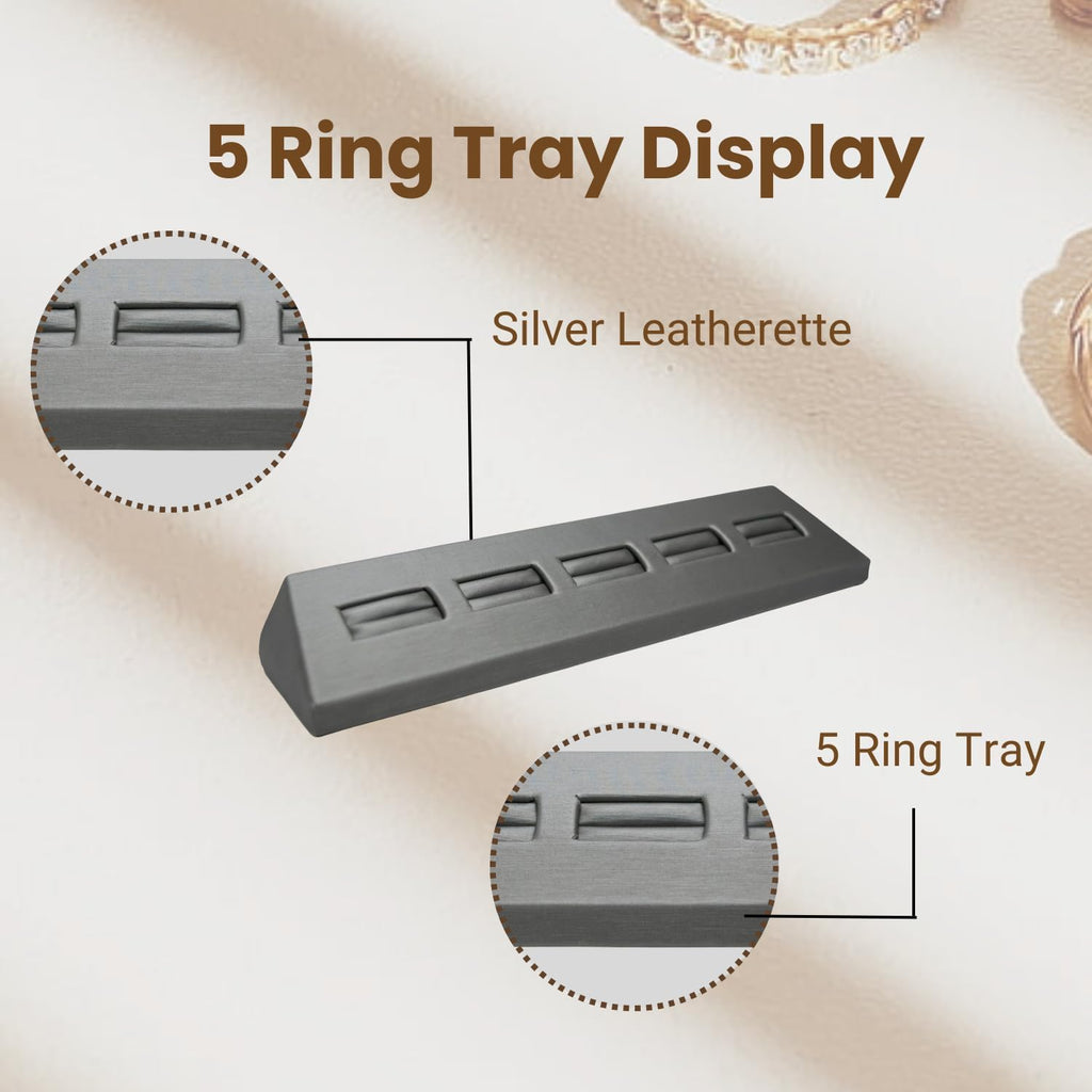 Novel Box 5-Slot Silver Leatherette Rings/Earrings/Cufflinks Holder Tray 8.12x1.75x1 Inches - Ring Holder Organizer for Selling or Personal Use - Jewelry Display Trays for Special Occasions