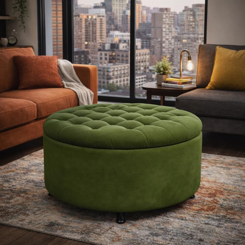 Niche Knight 28-Inch Large Round Pintucked Storage Ottoman with Lift-Off Lid,...