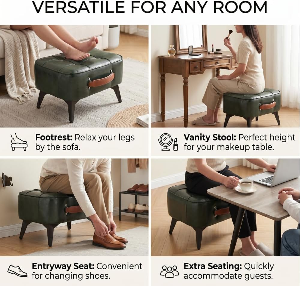 Vintage Style Faux Leather Ottoman Footstool - Wooden Frame, Upholstered Inte...