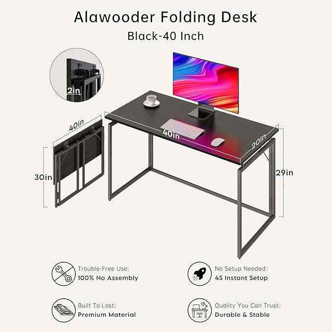 Folding Desk 40 Inch - Small Foldable Desk for Small Space Minimalist, Space Saving Collapsible Compact Desk Portable Table for Craft, Writing, Study and Work (No Assembly Required)