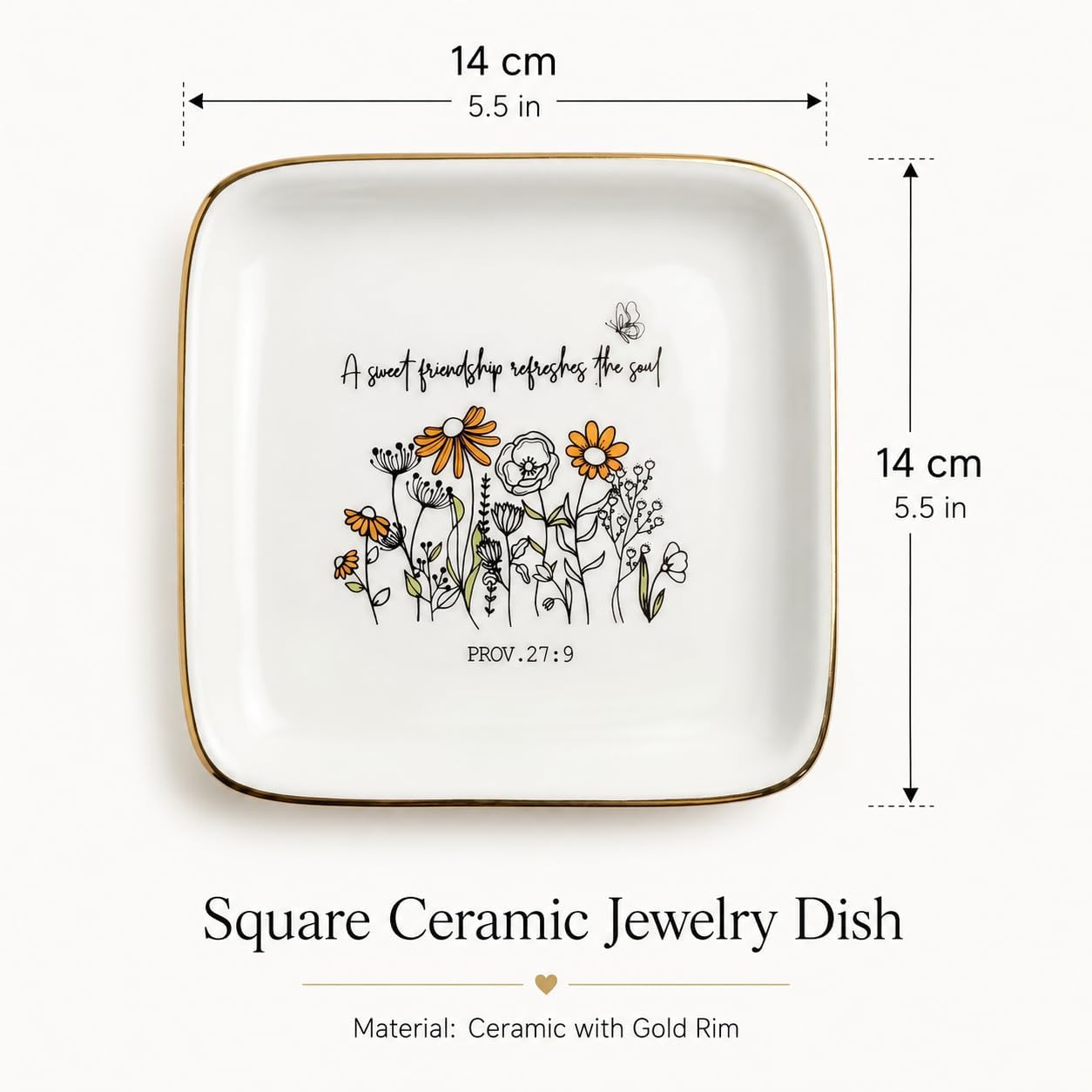 Friendship Gift for Women, Christian Bible Verse Jewelry Dish Trinket Tray-A Sweet Friendship Refreshes the Soul-Proverbs 27:9, Square Ceramic Jewelry Dish Gift for Sister BFF