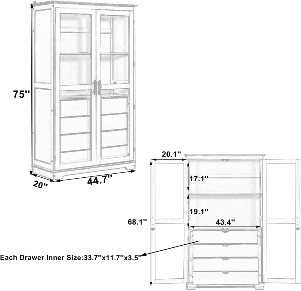 75" Tall Farmhouse Kitchen Pantry Cabinet with 2 Glass Doors & 4 Bui...