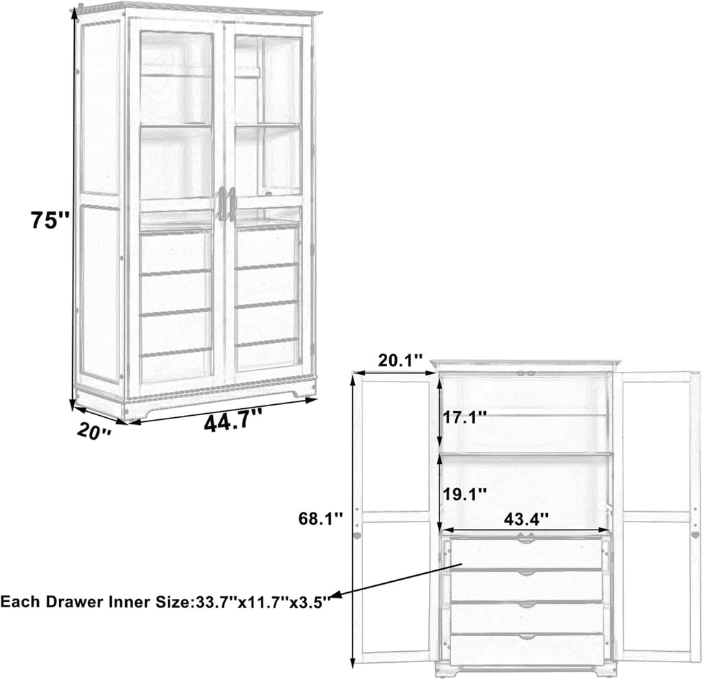 75" Tall Farmhouse Kitchen Pantry Cabinet with 2 Glass Doors & 4 Built-in Drawers, 44.7" Freestanding Pantry Storage Cabinet for Kitchen, Dining Room, Natural