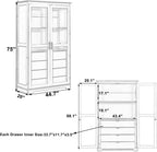 75" Tall Farmhouse Kitchen Pantry Cabinet with 2 Glass Doors & 4 Built-in Drawers, 44.7" Freestanding Pantry Storage Cabinet for Kitchen, Dining Room, Natural