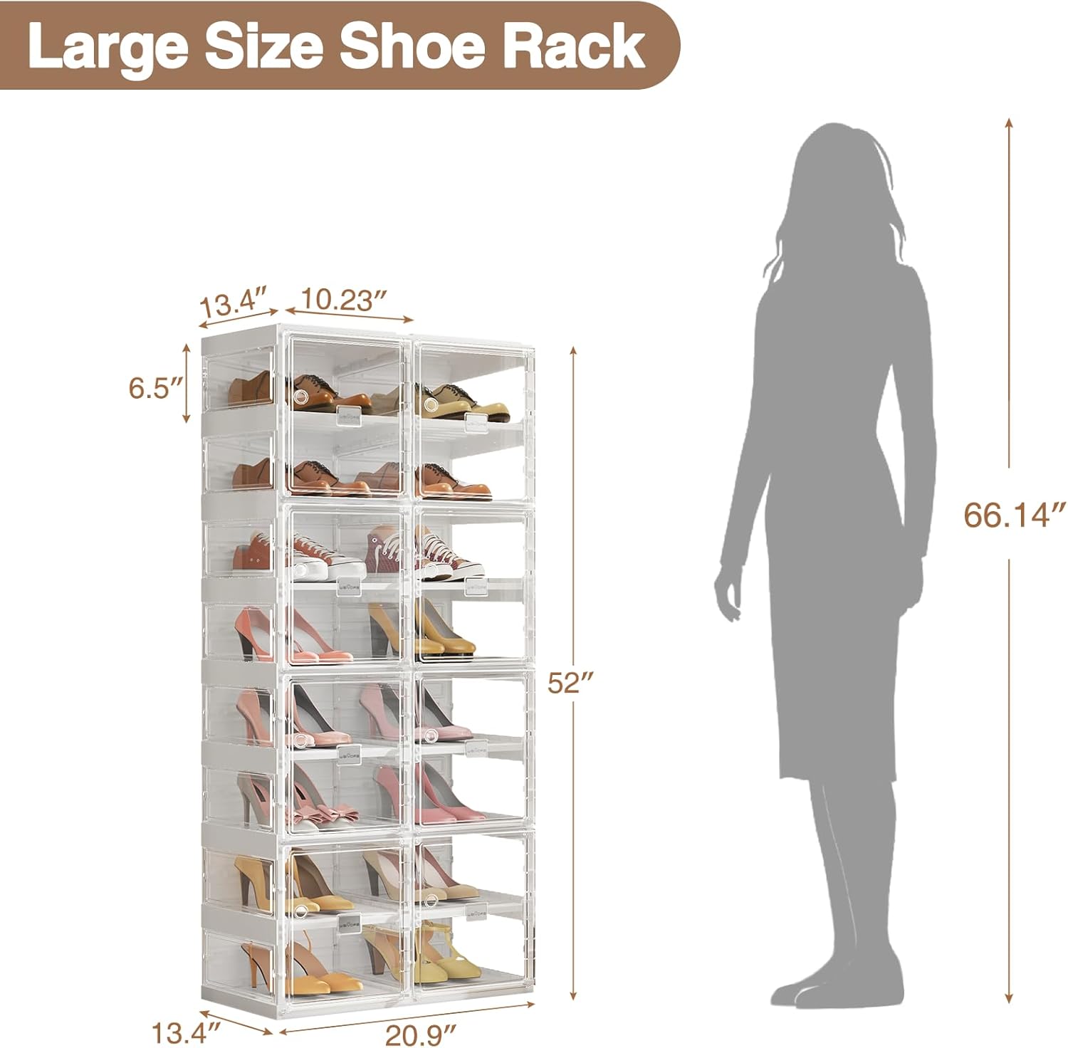 BROVIEW Foldable Shoe Rack, Large Stackable Sneaker Organizer Storage Box with Magnetic Clear Door, Plastic Folding Shoes Cabinet Bins, Shoe Shelf Space Saving for Closet, Entryway 8 Tier 16 Grids