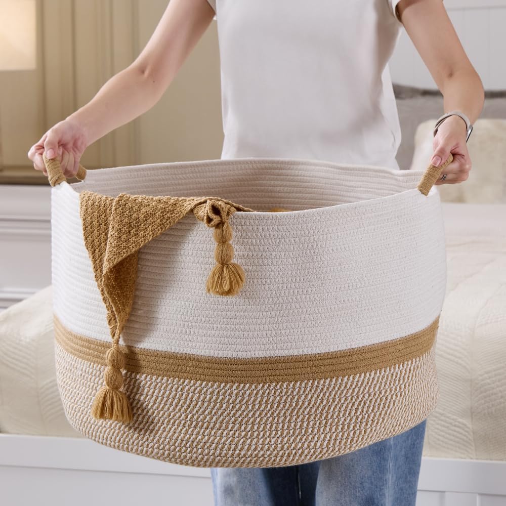 Luxury Little Extra Large Nursery Storage Basket, 20 x 20 x 13.8 inches - 100% Cotton Rope Baskets with Handles, Blanket Basket for Toys, Blankets & Pillows (Gradient Brown)