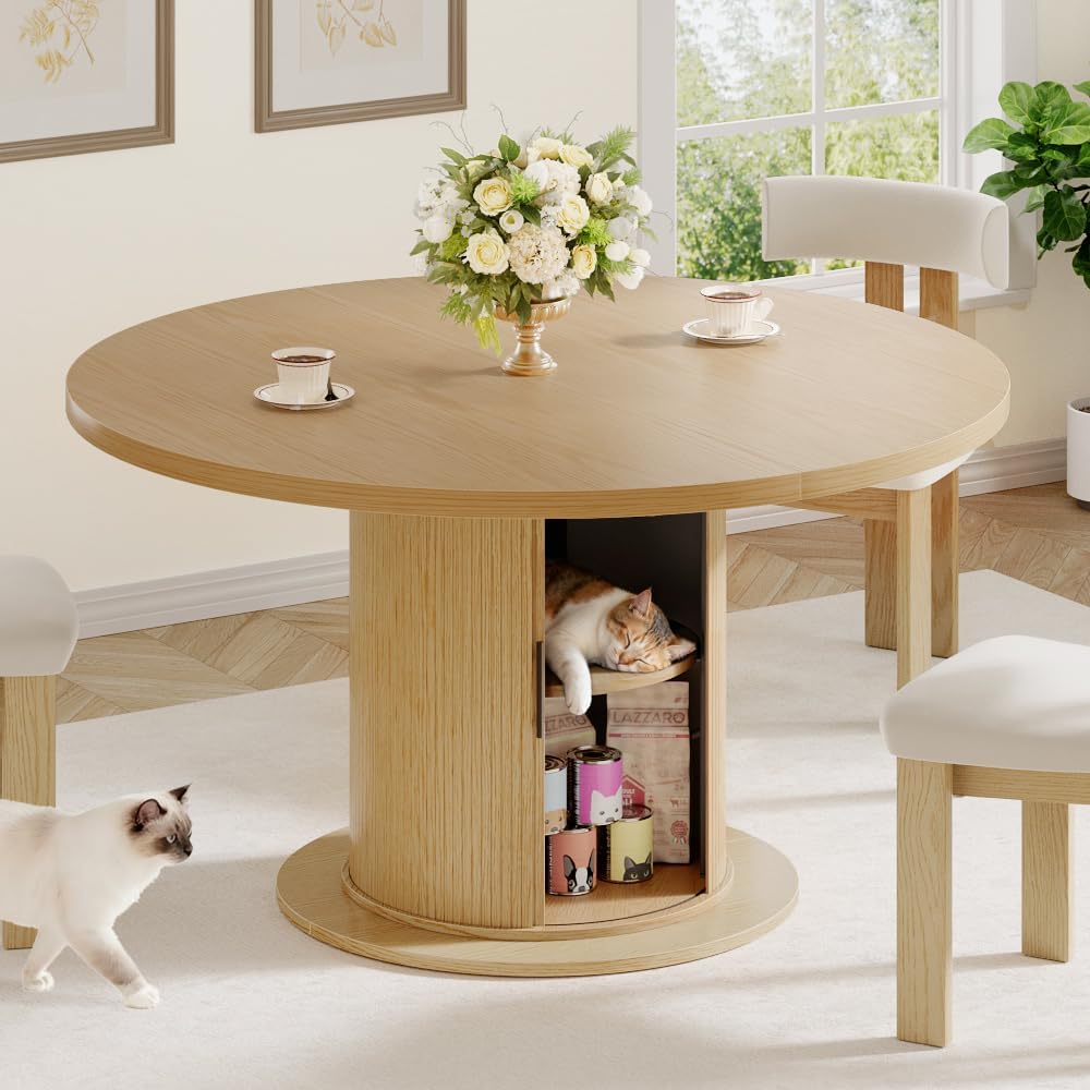 Alohappy Dining Table for 4-6, 47in-63in Extendable Round Dining Room Table w...