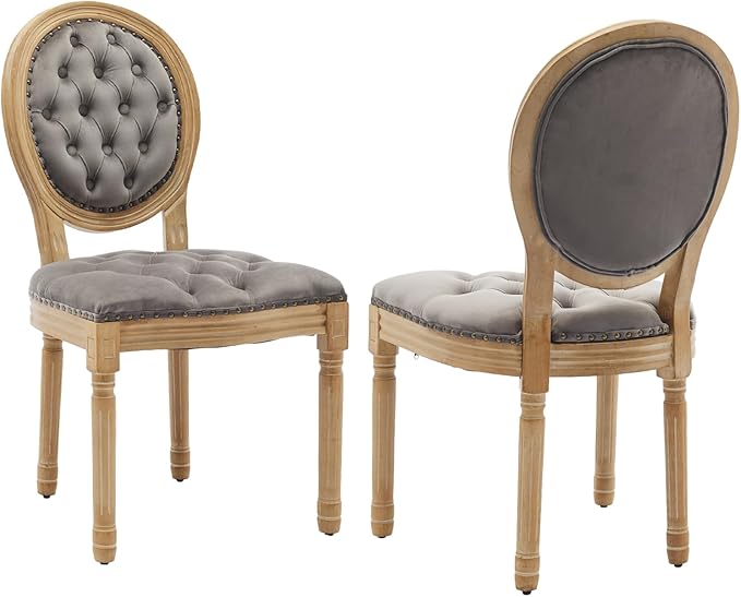 French Country Dining Chairs Set of 6,Farmhouse Upholstered Dining Room Chairs with Tufted Round Back&Solid Leg,Velvet Kitchen Side Chairs for Kitchen/Bedroom/Dining Room,Gray