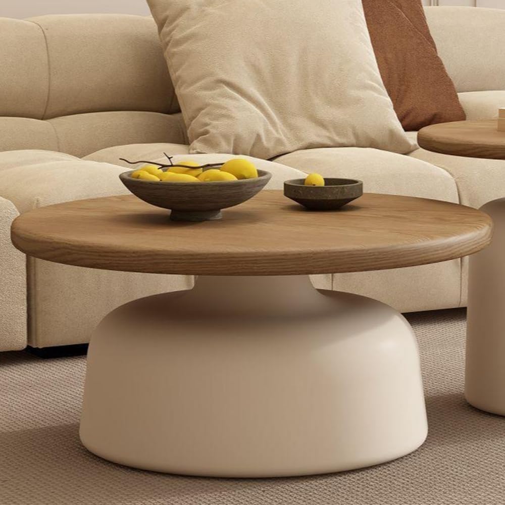 Modern Nesting Coffee Table Set Circular Wood Grain Top & Carbon Steel Ba...