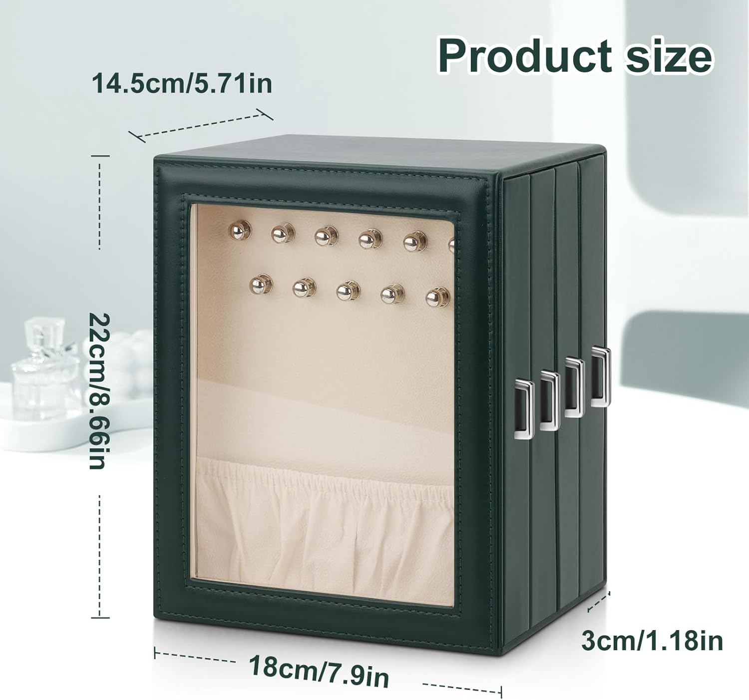 DesignSter Jewelry Box Organizer, Jewelry Box for Women, PU Jewelry Organizer Display Case with Side Drawers, Jewelry Storage for Earring Necklace Ring Bracelet Watch