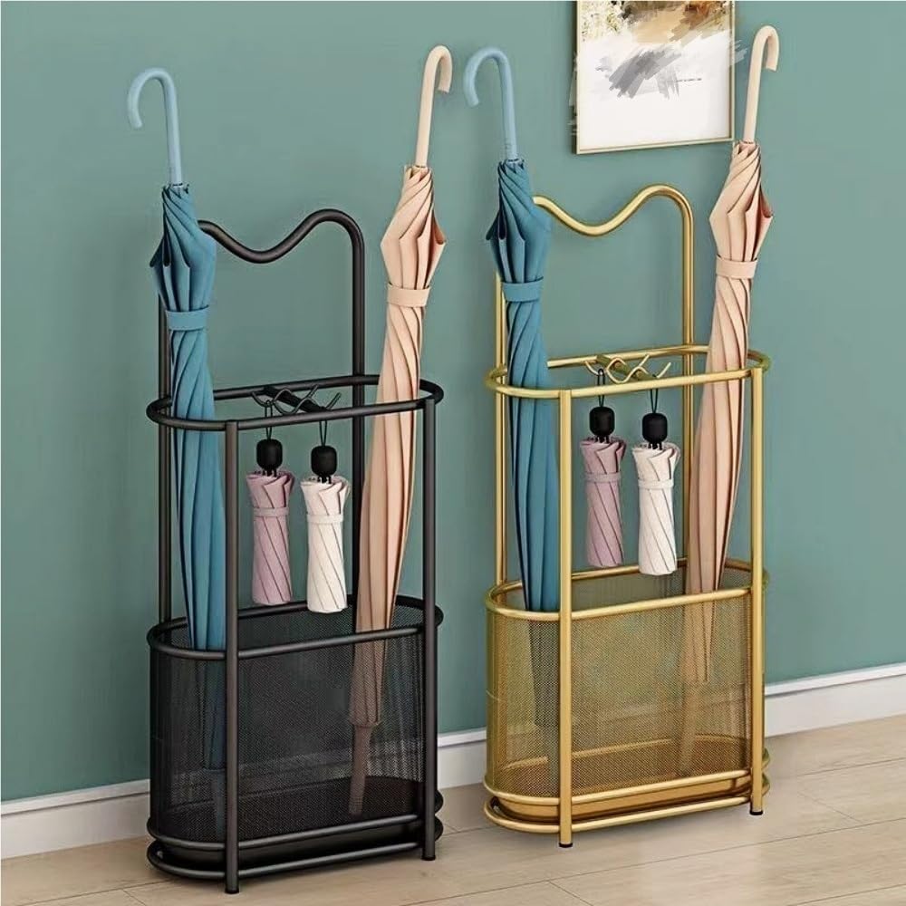 Metal Umbrella Holder, Umbrella Rack with Non-slip Pads, Umbrella Stands with Hook, Freestanding Umbrella Basket for Entryway, Living Room(Gold)